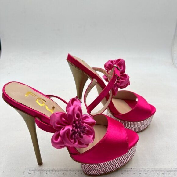 FSJ Women Open Toe Platform Sandals Ankle Strap High Stiletto Heel Flower Pink - Picture 3 of 7